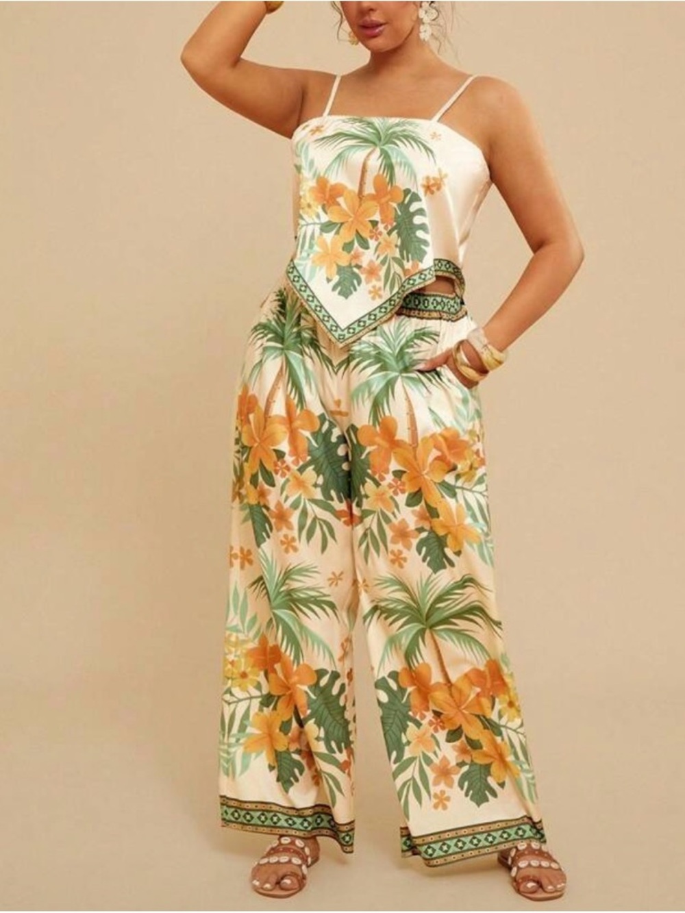 SHEIN Cream Tropical Floral Wide-Leg 2 pcs  with Orange & Green Print